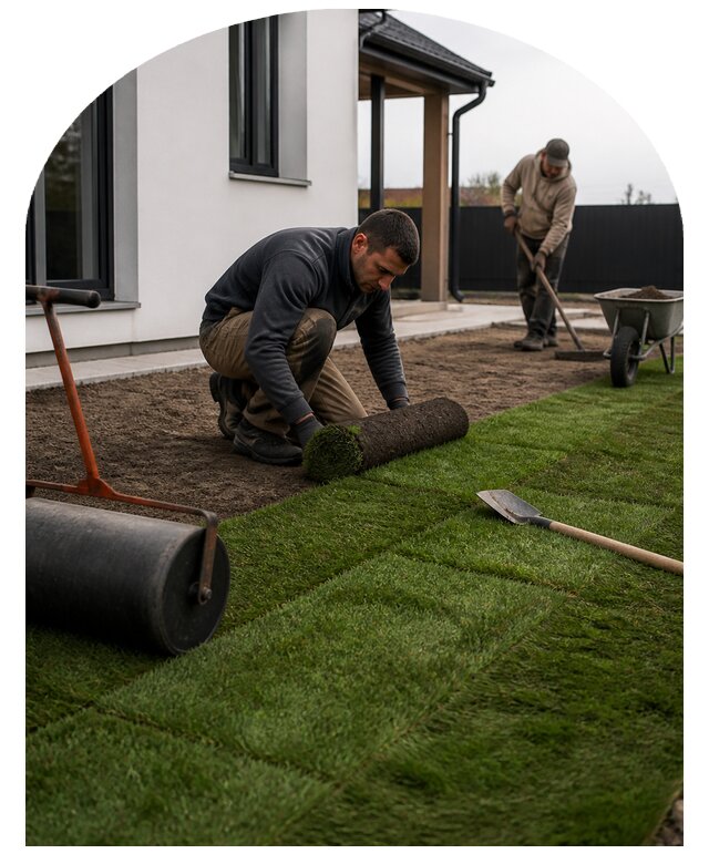 Устройство газона возле дома на участке под ключ в Мариинске